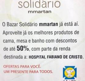 Hospital de Retaguarda Fabiano de Cristo e MMartan realizarão bazar solidário neste final de semana